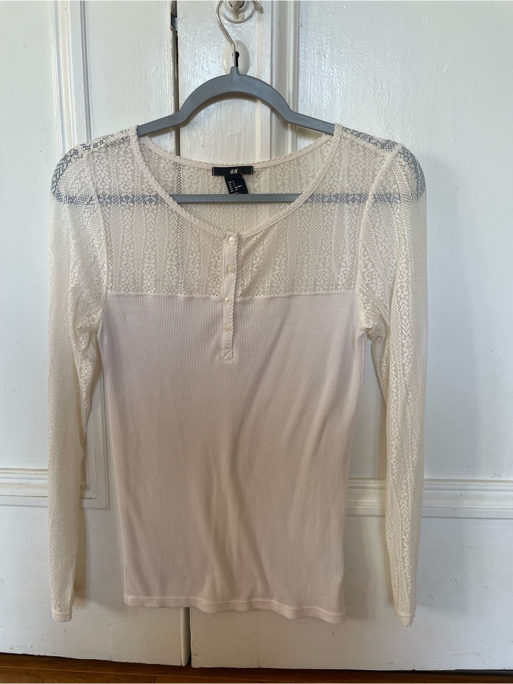 H&M Women's Cream Lace-Trim Henley Long Sleeve Top